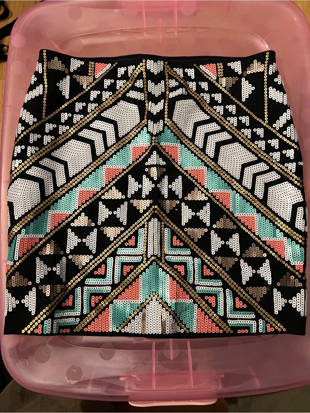 Express Black Mini Skirt with Teal, Coral & Gold Sequin Aztec Design -Small